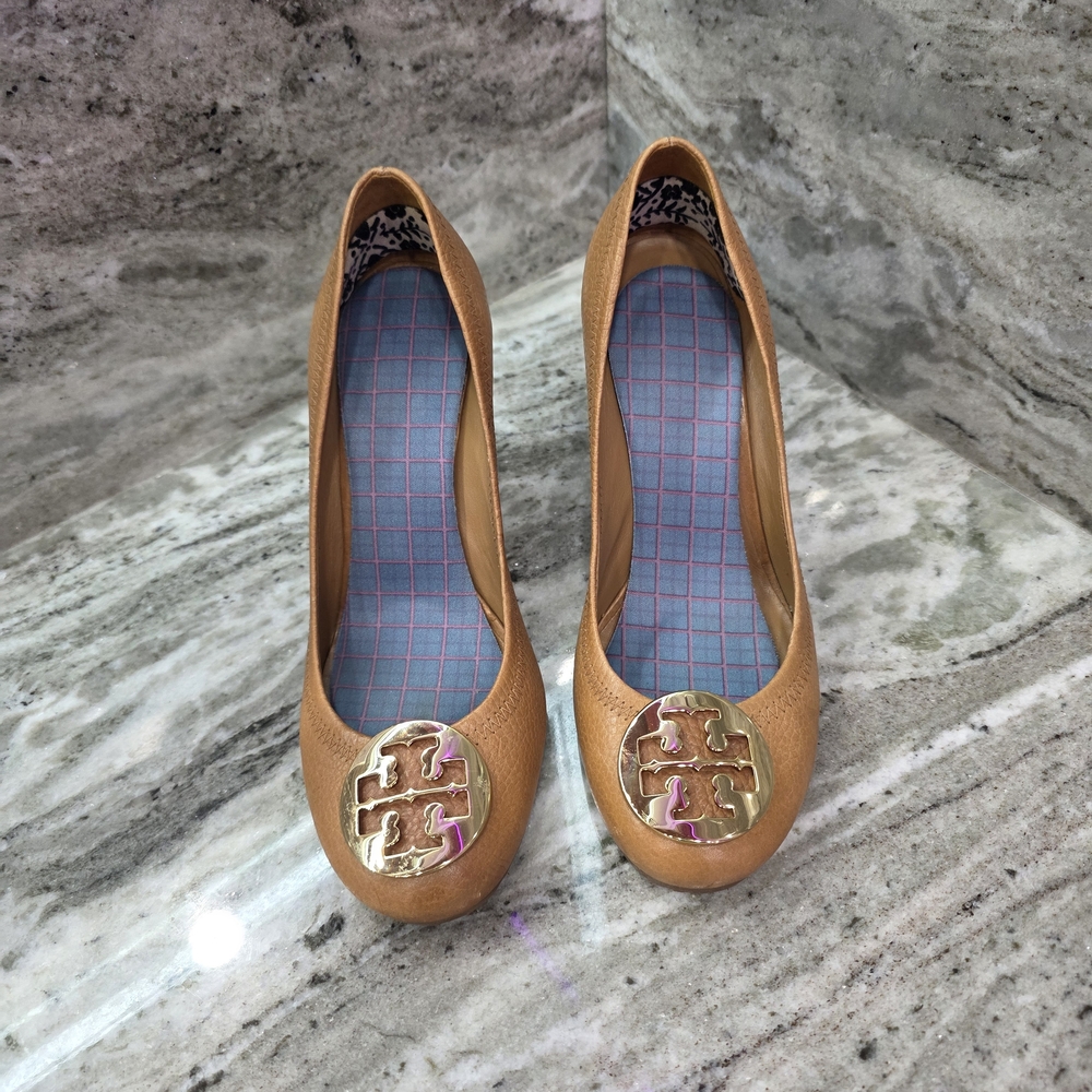 Tory Burch Tan Wedges with Gold Logo